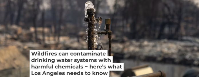 Water runs from a pipe where a home once stood in the Pacific Palisades community of Los Angeles in January 2025. Jay L. Clendenin/Getty Images